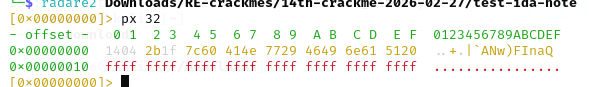radare2 hex dump of test note