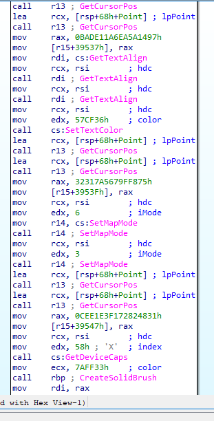 IDA disassembly showing graphics function calls