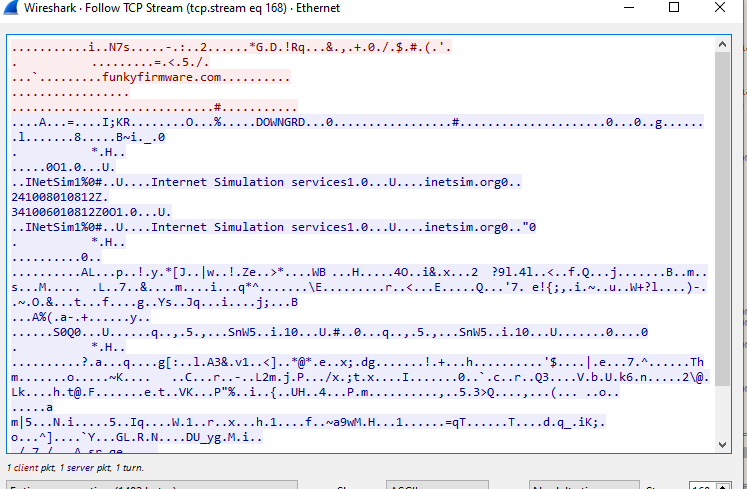 Wireshark TCP stream showing the TLS-encrypted traffic
