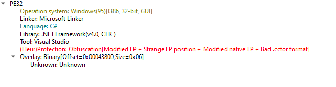 DIE output showing obfuscation indicators